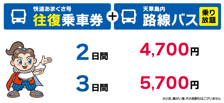 あまくさ乗り放題きっぷは、2日間4,200円・3日間5,300円と大変お得なきっぷです あまくさ乗り放題きっぷの説明イメージ